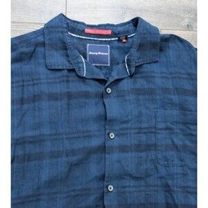 Tommy Bahama Men’s Shirt Sz XXL Navy Blue Plaid Linen Blend Button Front